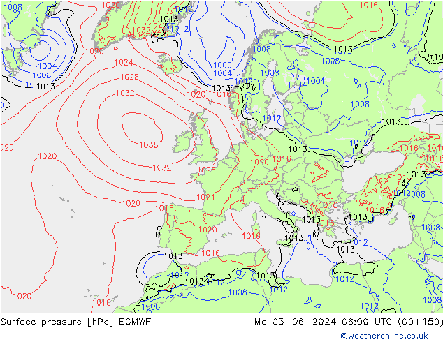 Surface pressure ECMWF Mo 03.06.2024 06 UTC