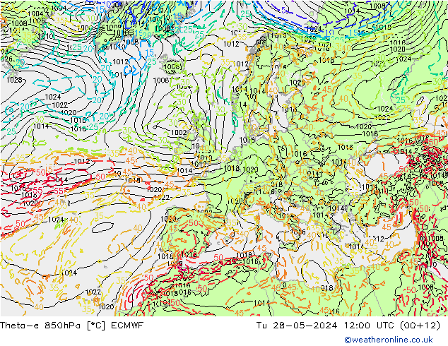 Theta-e 850hPa ECMWF mar 28.05.2024 12 UTC