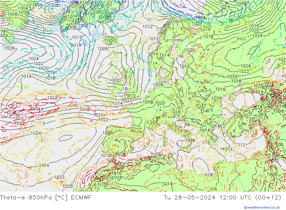Theta-e 850hPa ECMWF Tu 28.05.2024 12 UTC