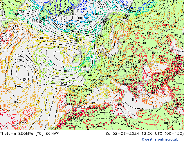 Theta-e 850hPa ECMWF Ne 02.06.2024 12 UTC