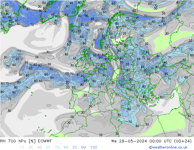 RH 700 hPa ECMWF Mi 29.05.2024 00 UTC