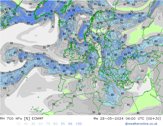 Humedad rel. 700hPa ECMWF mié 29.05.2024 06 UTC