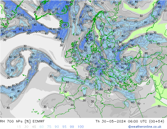 RH 700 hPa ECMWF Th 30.05.2024 06 UTC