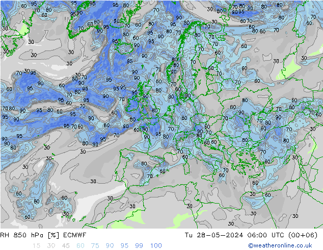 RH 850 hPa ECMWF 星期二 28.05.2024 06 UTC