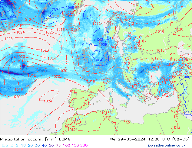 Totale neerslag ECMWF wo 29.05.2024 12 UTC