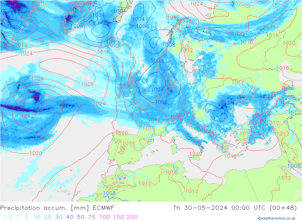 Precipitation accum. ECMWF чт 30.05.2024 00 UTC