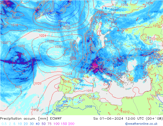 Precipitation accum. ECMWF So 01.06.2024 12 UTC