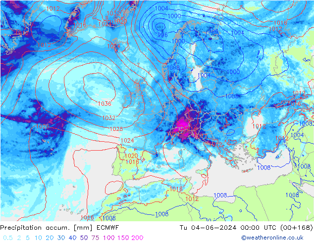 Precipitation accum. ECMWF Tu 04.06.2024 00 UTC