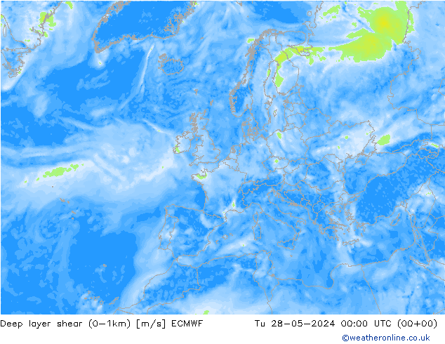 Deep layer shear (0-1km) ECMWF Sa 28.05.2024 00 UTC