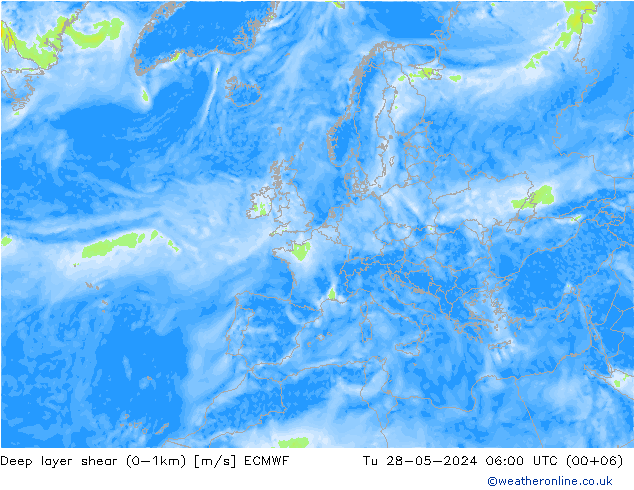 Deep layer shear (0-1km) ECMWF mar 28.05.2024 06 UTC