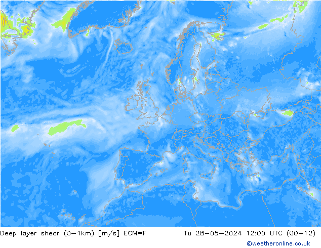 Deep layer shear (0-1km) ECMWF Di 28.05.2024 12 UTC