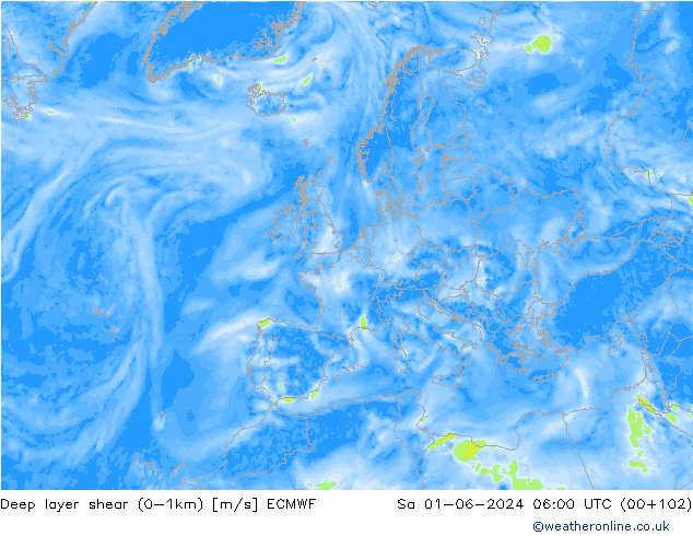 Deep layer shear (0-1km) ECMWF Sa 01.06.2024 06 UTC