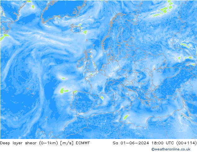 Deep layer shear (0-1km) ECMWF Sa 01.06.2024 18 UTC