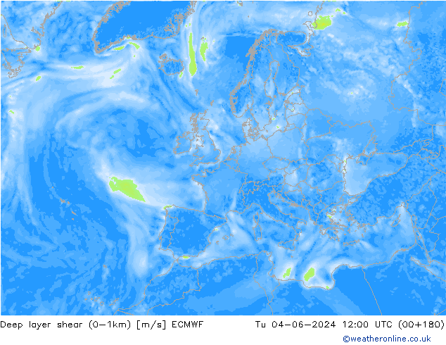 Deep layer shear (0-1km) ECMWF wto. 04.06.2024 12 UTC