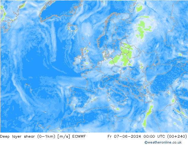 Deep layer shear (0-1km) ECMWF Fr 07.06.2024 00 UTC