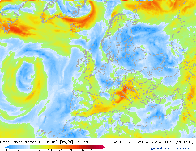 Deep layer shear (0-6km) ECMWF sam 01.06.2024 00 UTC