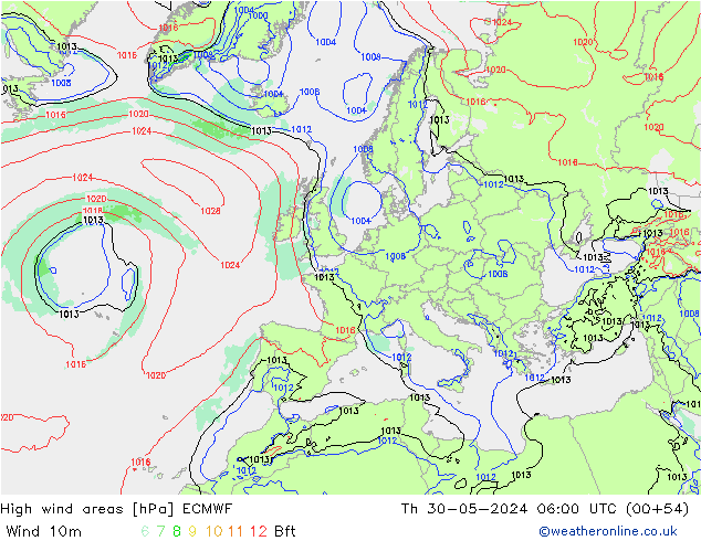 High wind areas ECMWF Čt 30.05.2024 06 UTC