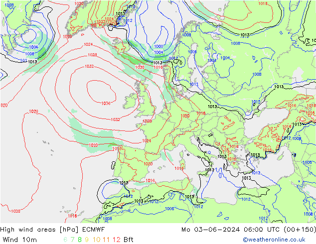 High wind areas ECMWF пн 03.06.2024 06 UTC