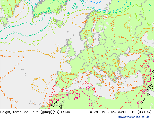Yükseklik/Sıc. 850 hPa ECMWF Sa 28.05.2024 03 UTC