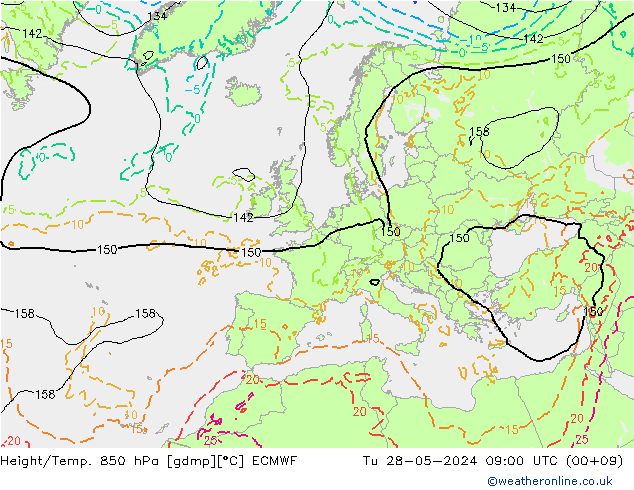 Height/Temp. 850 гПа ECMWF вт 28.05.2024 09 UTC