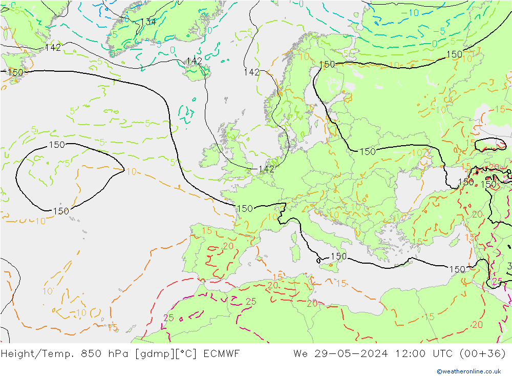 Z500/Rain (+SLP)/Z850 ECMWF mer 29.05.2024 12 UTC