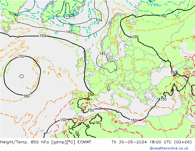 Hoogte/Temp. 850 hPa ECMWF do 30.05.2024 18 UTC
