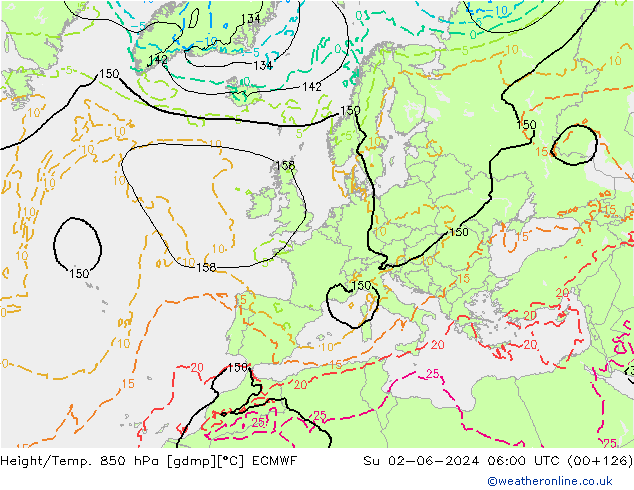 Height/Temp. 850 гПа ECMWF Вс 02.06.2024 06 UTC