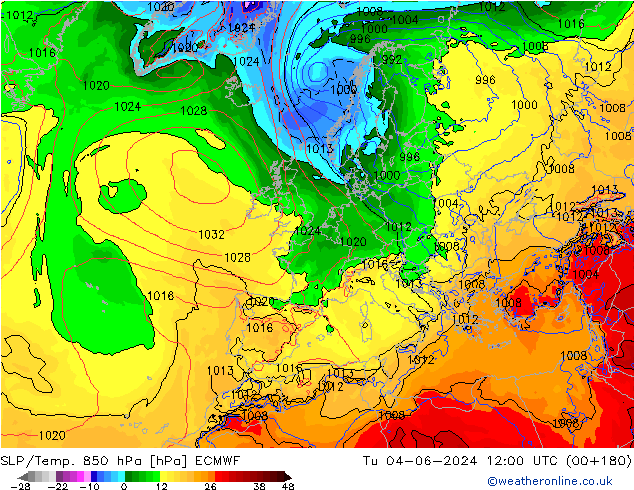 SLP/Temp. 850 hPa ECMWF Di 04.06.2024 12 UTC