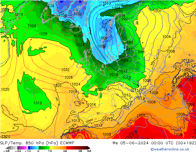 SLP/Temp. 850 hPa ECMWF mer 05.06.2024 00 UTC