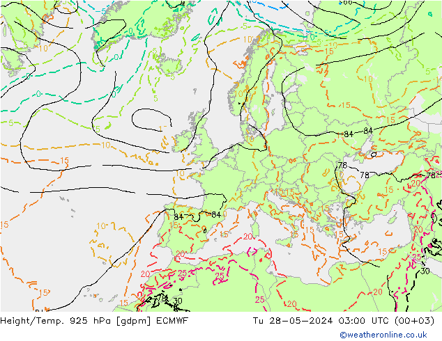 Hoogte/Temp. 925 hPa ECMWF di 28.05.2024 03 UTC
