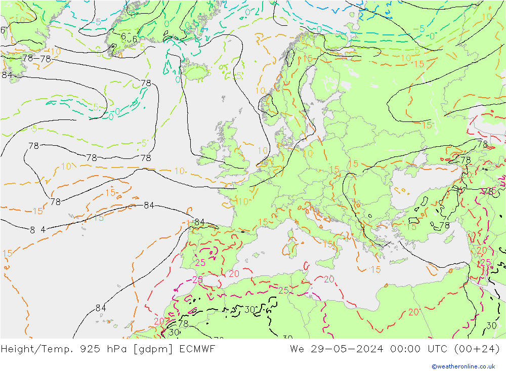 Yükseklik/Sıc. 925 hPa ECMWF Çar 29.05.2024 00 UTC