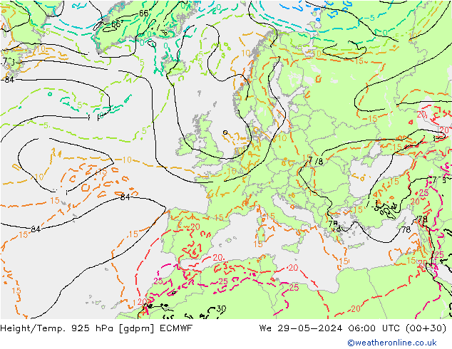 Height/Temp. 925 hPa ECMWF Mi 29.05.2024 06 UTC