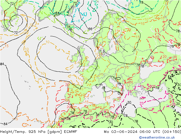 Yükseklik/Sıc. 925 hPa ECMWF Pzt 03.06.2024 06 UTC