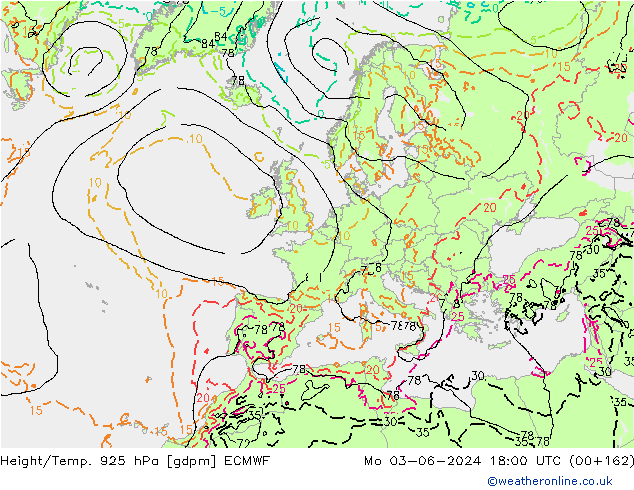 Height/Temp. 925 hPa ECMWF Mo 03.06.2024 18 UTC