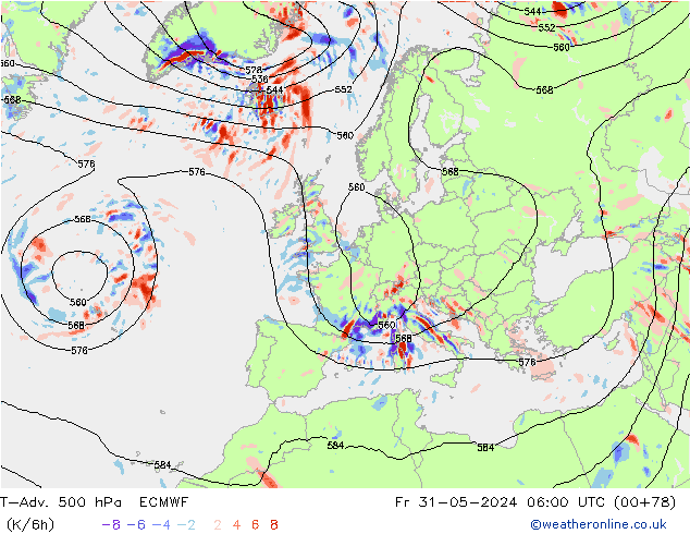 T-Adv. 500 hPa ECMWF Fr 31.05.2024 06 UTC