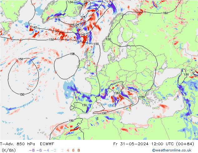 T-Adv. 850 hPa ECMWF Pá 31.05.2024 12 UTC