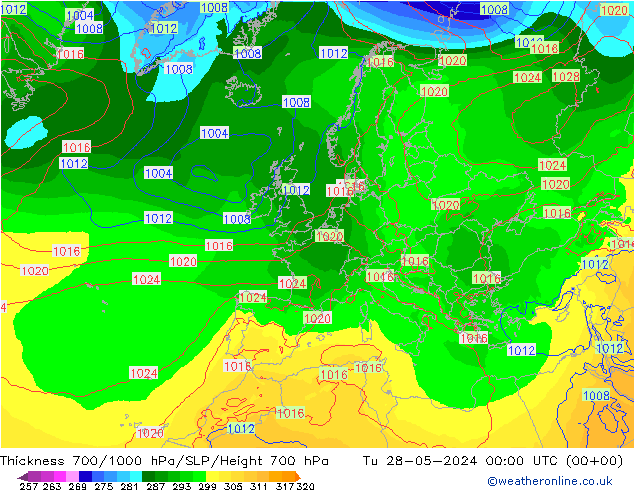 Thck 700-1000 hPa ECMWF Tu 28.05.2024 00 UTC