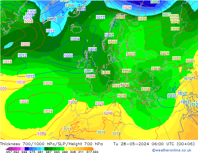 Thck 700-1000 hPa ECMWF Tu 28.05.2024 06 UTC