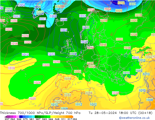 Thck 700-1000 hPa ECMWF wto. 28.05.2024 18 UTC