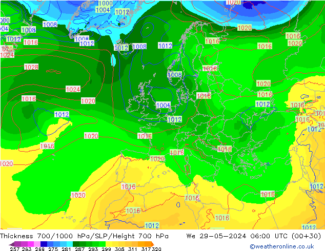 Thck 700-1000 hPa ECMWF We 29.05.2024 06 UTC