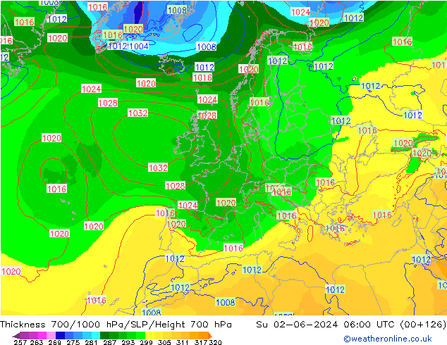 Schichtdicke 700-1000 hPa ECMWF So 02.06.2024 06 UTC