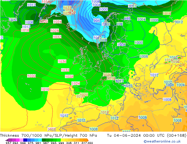 Thck 700-1000 hPa ECMWF Tu 04.06.2024 00 UTC