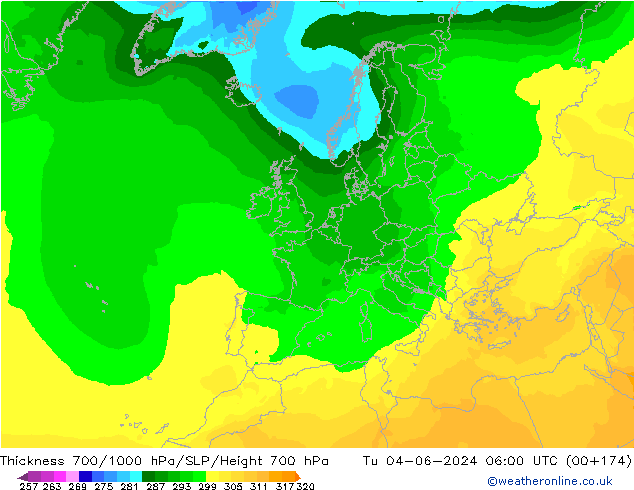 Thck 700-1000 hPa ECMWF Tu 04.06.2024 06 UTC