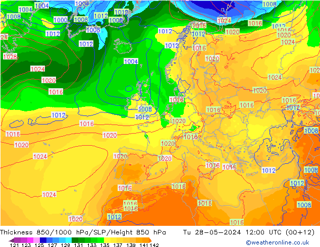 Thck 850-1000 hPa ECMWF wto. 28.05.2024 12 UTC