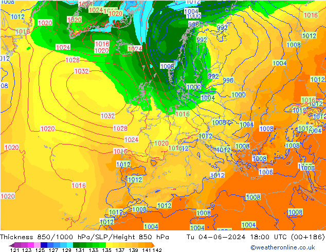 Espesor 850-1000 hPa ECMWF mar 04.06.2024 18 UTC