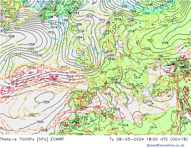 Theta-e 700hPa ECMWF Ter 28.05.2024 18 UTC