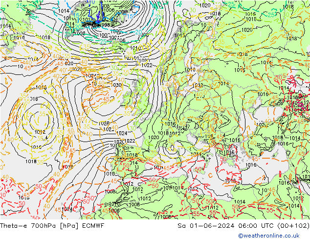 Theta-e 700hPa ECMWF Sáb 01.06.2024 06 UTC