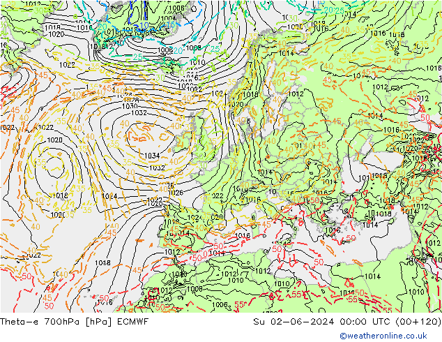 Theta-e 700hPa ECMWF Su 02.06.2024 00 UTC