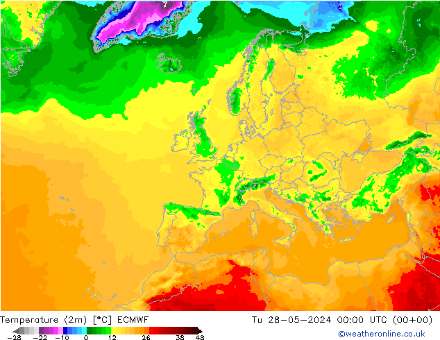 mapa temperatury (2m) ECMWF wto. 28.05.2024 00 UTC