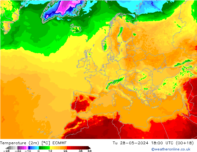 température (2m) ECMWF mar 28.05.2024 18 UTC